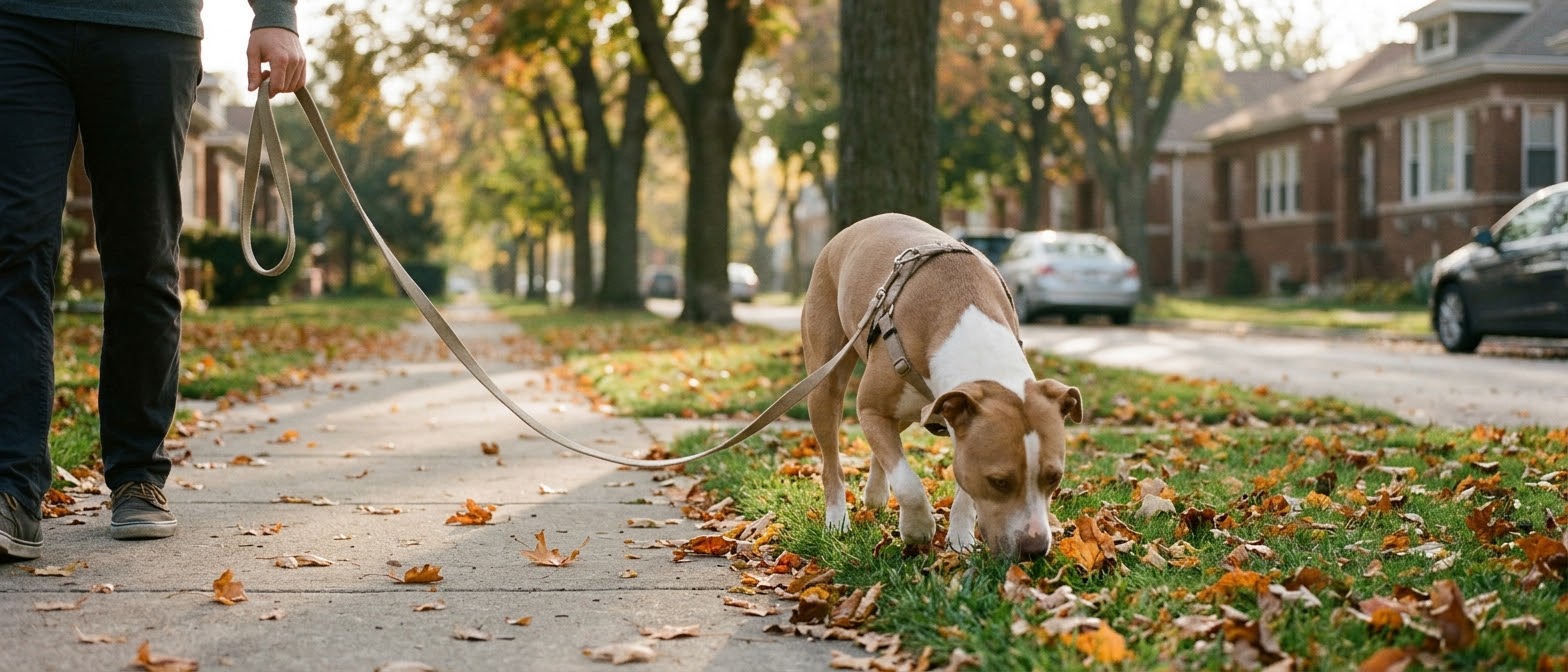 Tan hound-mix rescue dog sniffing autumn leaves on a long leash during a slow neighborhood walk, from Let Them Be Dog