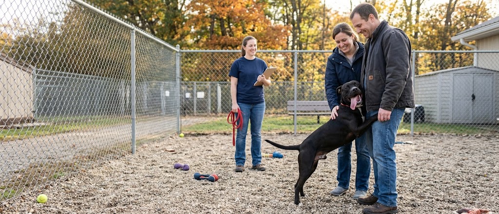 Shelter volunteer leading an adoption showing as a black pit bull mix leans on a smiling couple in a play yard