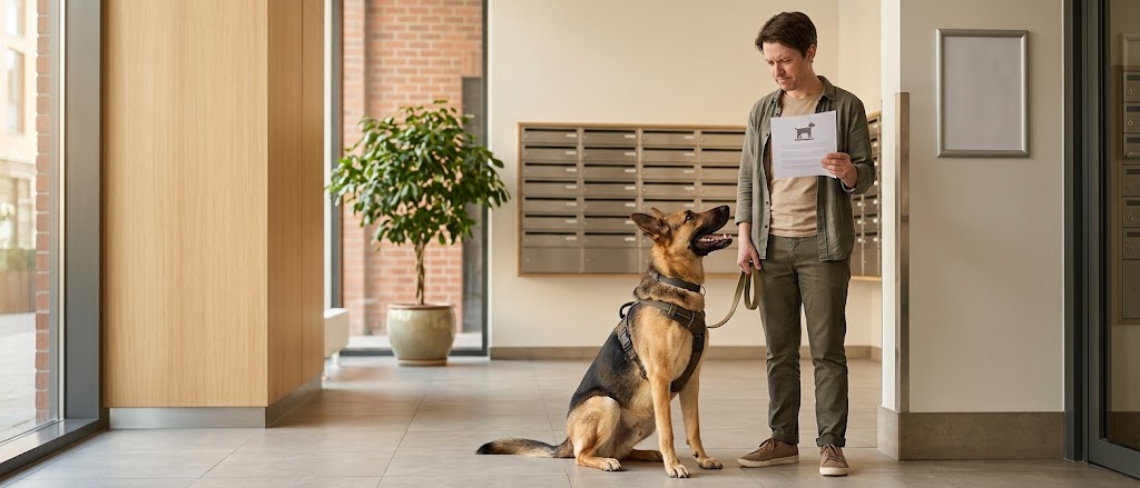 Adopter with a large tan shepherd mix in an apartment lobby, showing how rental weight limits affect shelter dogs