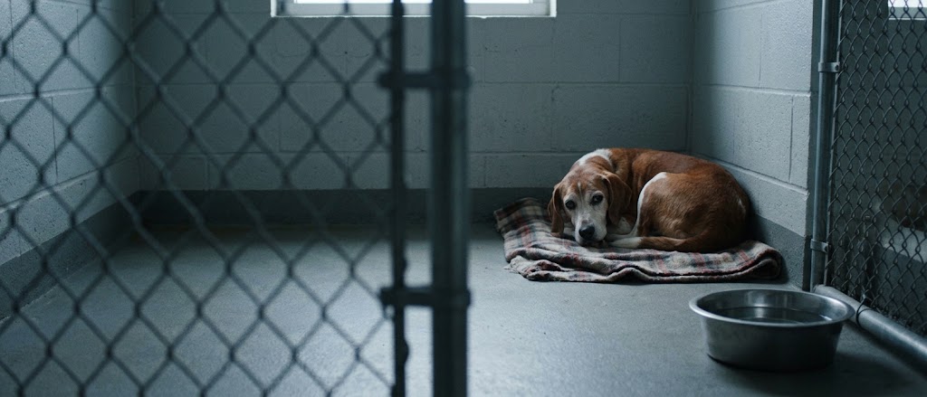 Senior hound mix lying in the back of a shelter kennel facing the wall, a quiet sign of shut-down stress