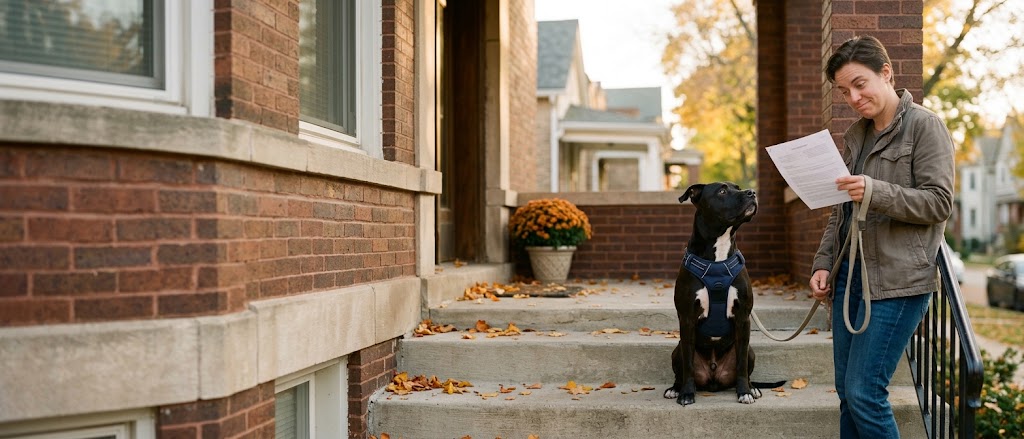 Black pit bull mix sitting politely on an apartment stoop while a renter reads over a lease