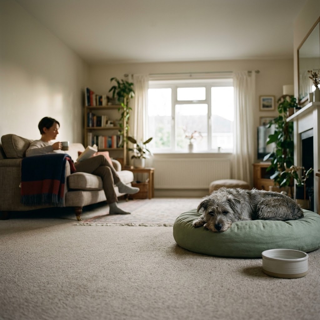 Shy gray terrier mix resting on a dog bed in a quiet, lamp-lit room during dog decompression, from Let Them Be Dog