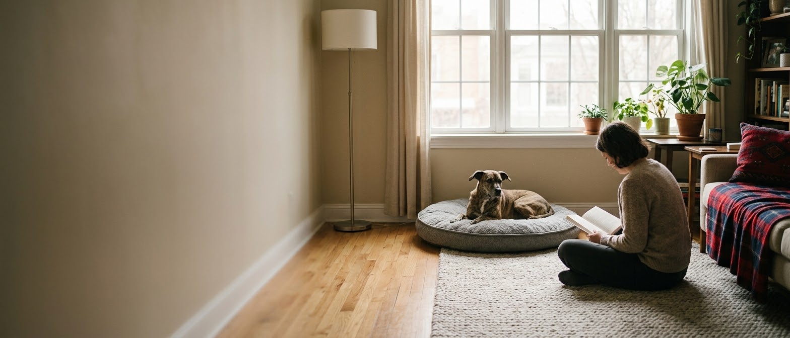 Brindle rescue dog resting on a bed as its adopter reads nearby, the 3-3-3 rule for rescue dogs at Let Them Be Dog