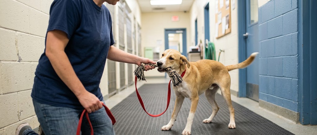 Young shelter dog biting a tug toy instead of the leash as a volunteer walks it down a shelter hallway