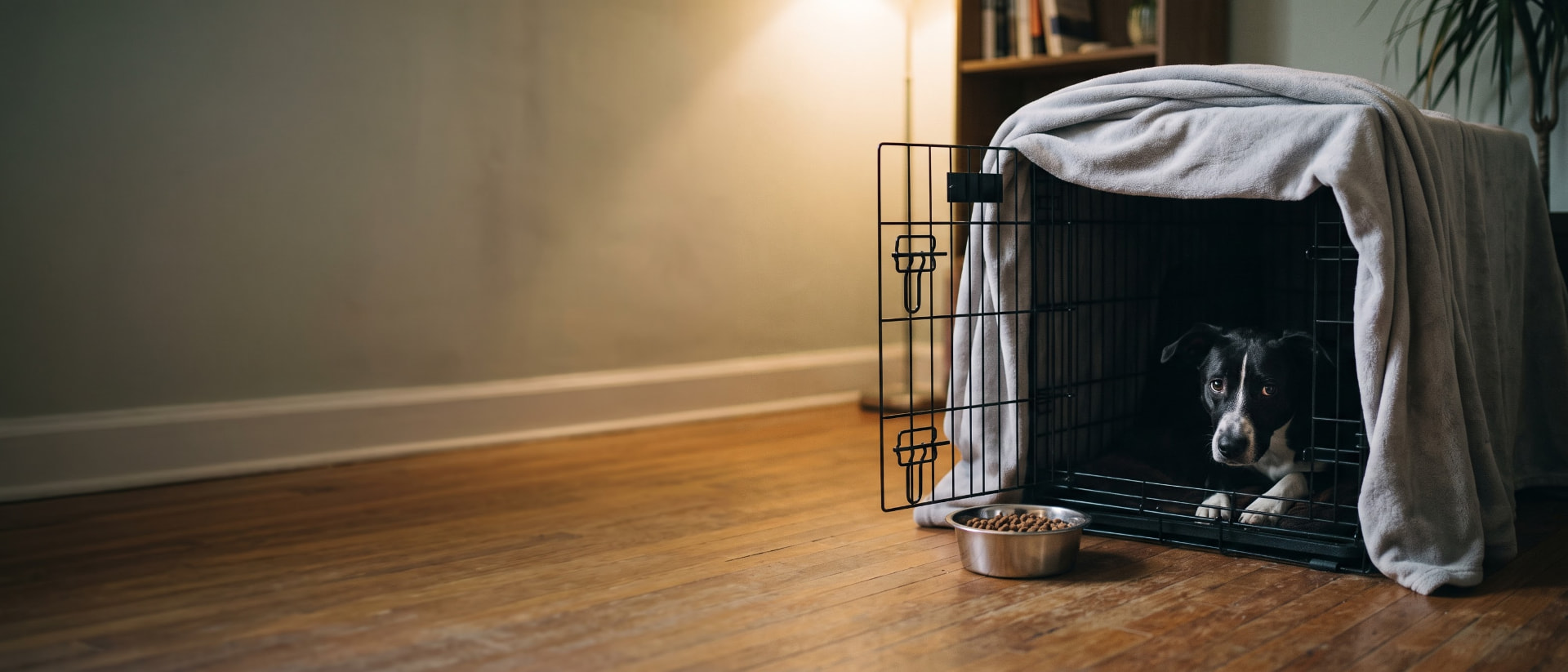 Shy black-and-white rescue dog hiding in a blanket-covered crate by a full bowl during decompression, from Let Them Be Dog