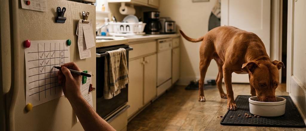 Adopter marking a weekly rescue dog adjustment scorecard on the fridge as a red pit bull mix eats dinner nearby