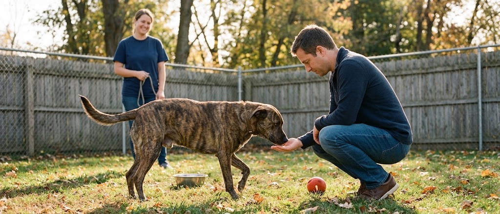 Adopter crouched sideways in a shelter play yard as an adult brindle dog sniffs an open hand during a meet and greet