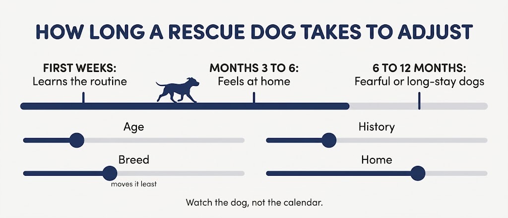 Infographic of a rescue dog adjustment timeline from week 1 to month 6, with age, history, breed and home stretching it