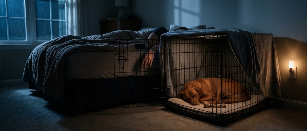 Rescue dog sleeping in a blanket-covered crate beside an adopter's bed on its first night home, from Let Them Be Dog