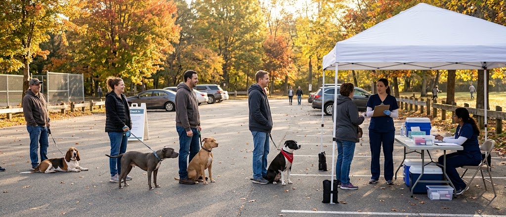 Adopters waiting with pit bull mixes and a hound mix at an outdoor low-cost vaccine clinic