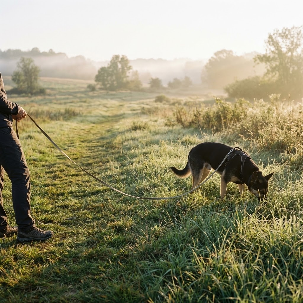 Black and tan shepherd mix on a long line sniffing tall grass in an empty field at sunrise on a decompression walk