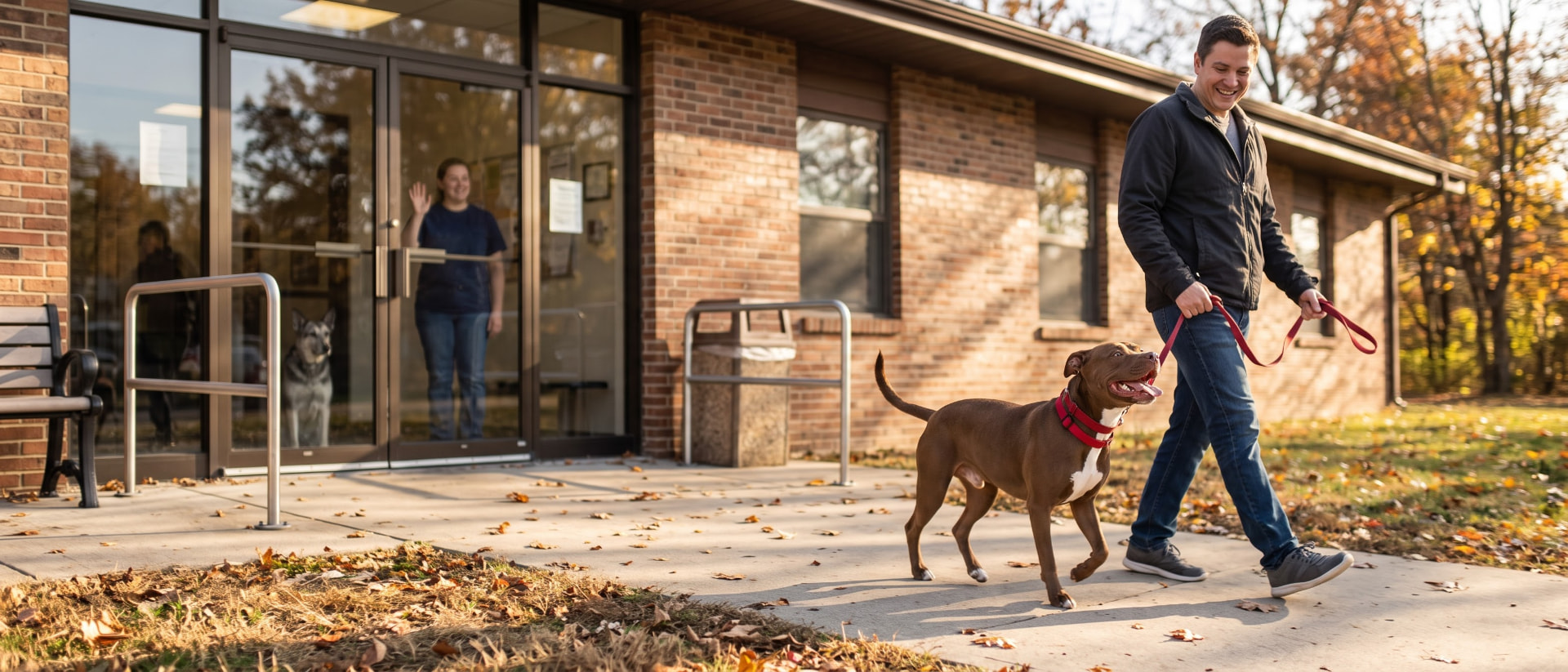 Adopter walking a happy brown pit bull mix out of a city animal shelter on adoption day