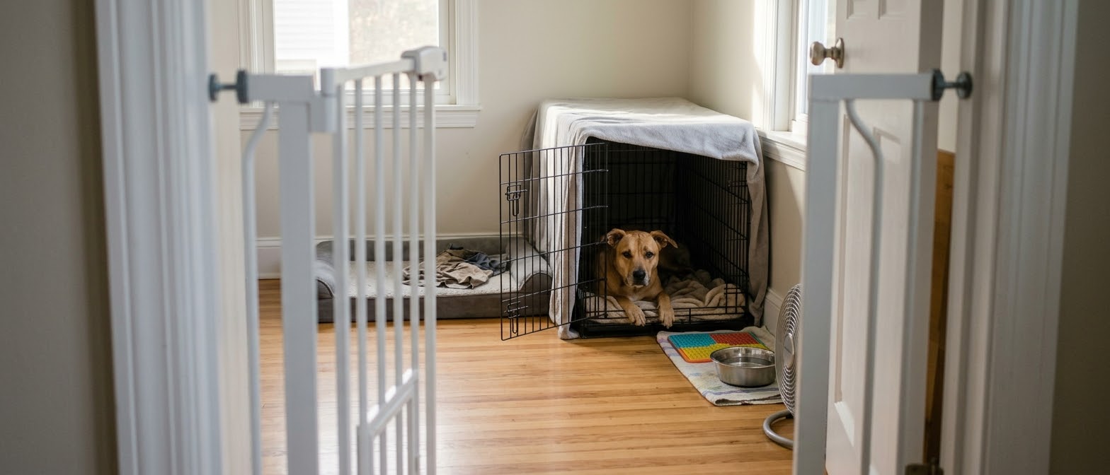 Tan rescue dog resting in an open covered crate in a quiet gated room with a water bowl nearby