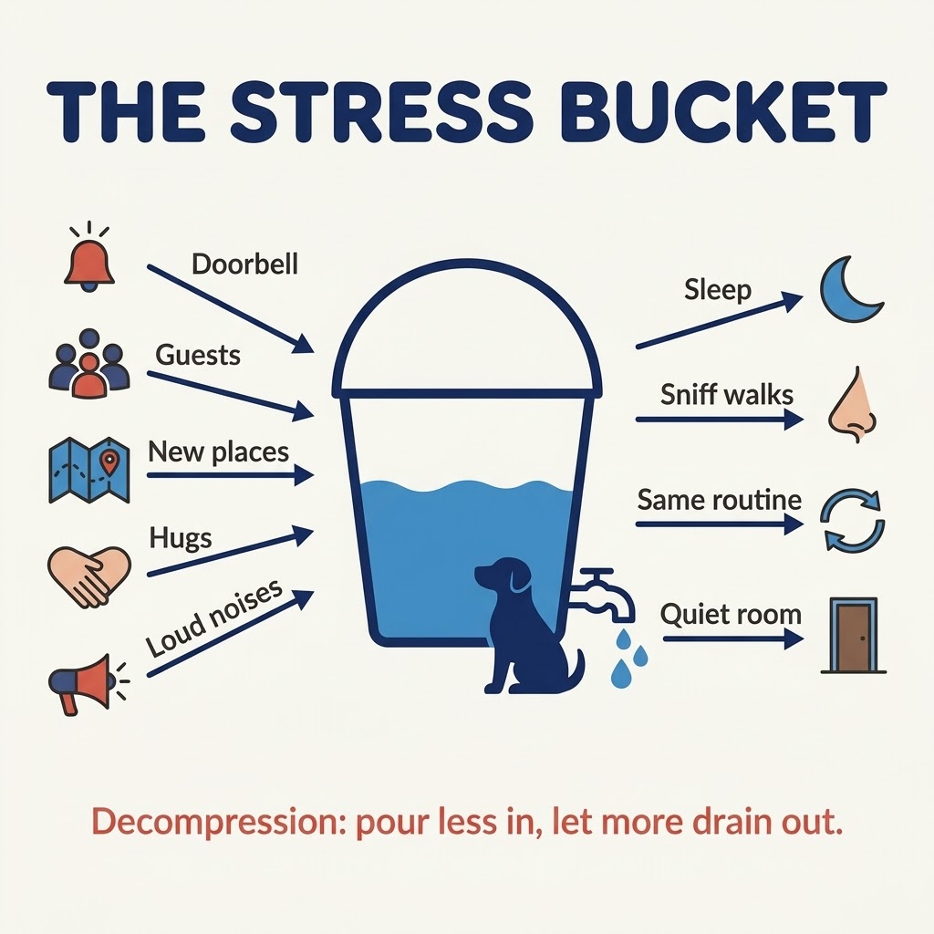 Infographic of a dog's stress bucket filling with triggers and draining with rest, explaining dog decompression