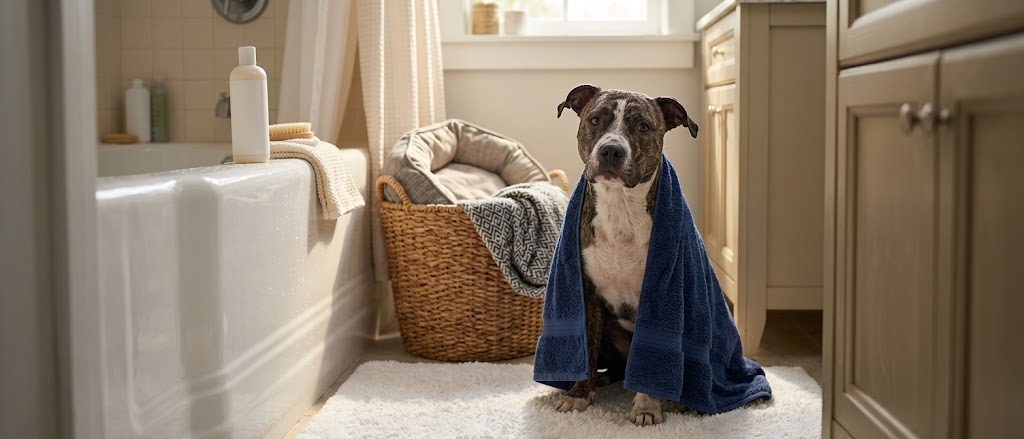 Short-haired brindle rescue dog wrapped in a blue towel after a bath, beside freshly washed bedding in a laundry basket