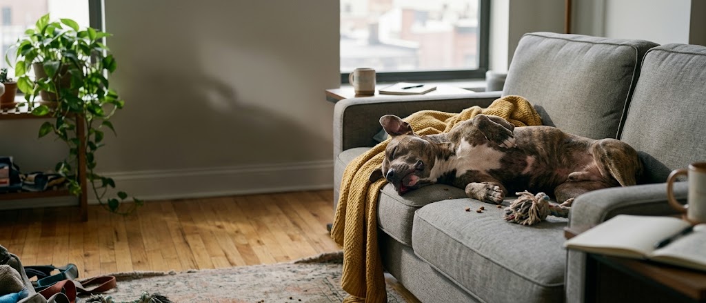Brindle pit bull mix asleep on a foster family's couch under a throw blanket, showing the benefits of fostering a dog