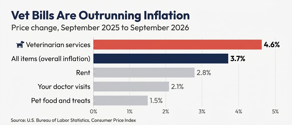 Bar chart of 2026 price changes: vet services 4.6%, all items 3.7%, rent 2.8%, doctor visits 2.1%, pet food 1.5%
