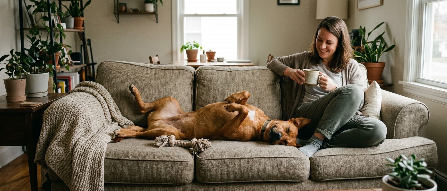 Red-brown rescue dog sleeping belly-up on a couch by its smiling adopter at 3 months home, from Let Them Be Dog