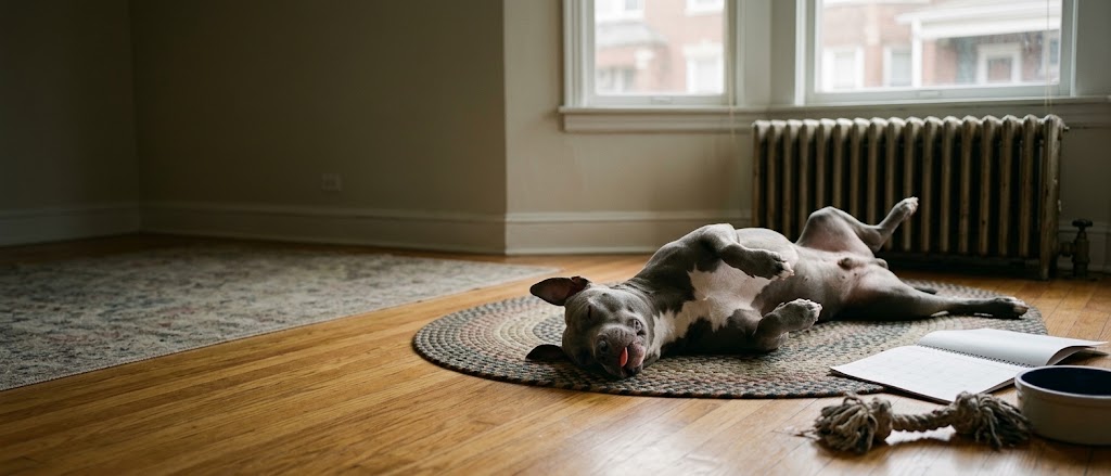Blue pit bull mix asleep belly-up next to a fallen wall calendar, showing how long a rescue dog takes to adjust