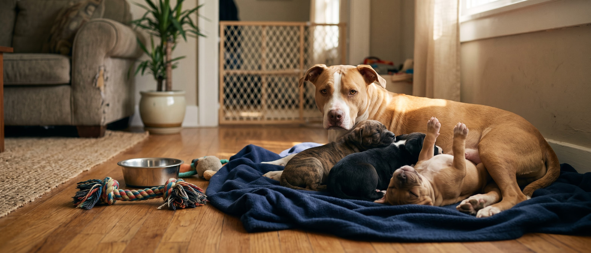 Pit bull mix mother dog resting with 3 puppies on a blanket in a foster home, proof shelters have puppies too