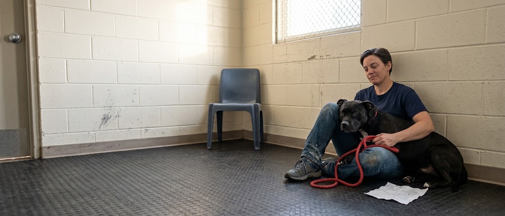 Shelter volunteer sitting on a meet room floor with a returned black pit bull mix, a quiet moment of animal shelter volunteer burnout