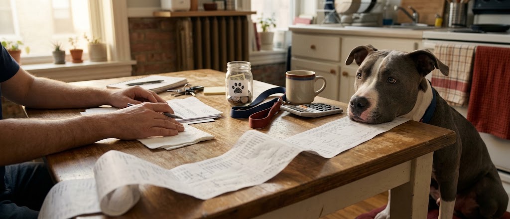 Pit bull mix resting its chin on a long vet invoice at a kitchen table, the rising cost of dog ownership at Let Them Be Dog
