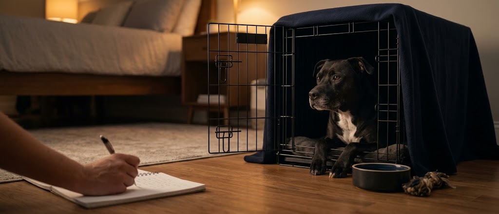 Pit bull mix resting in an open wire crate as a foster writes notes in a notebook on the floor beside it