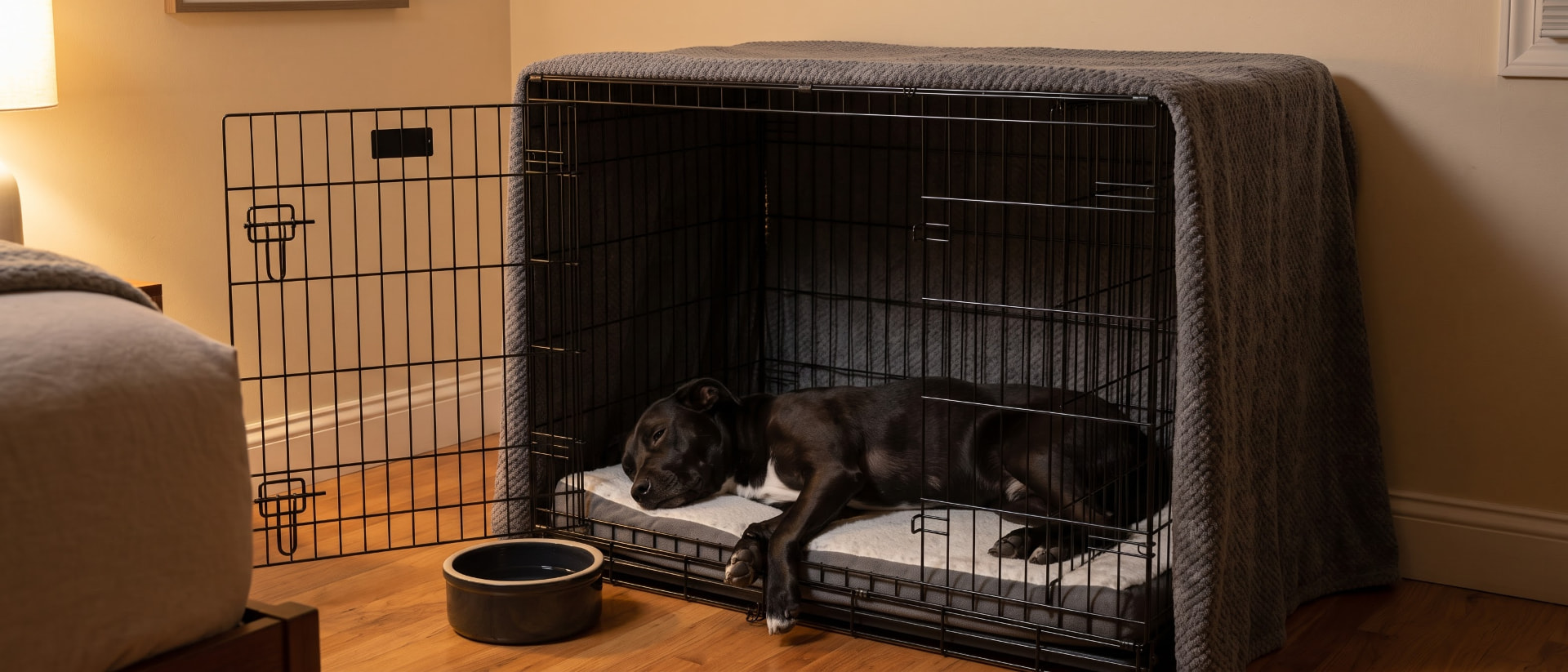 Large black rescue dog lying stretched out in a wire crate with a divider panel and a blanket over 3 sides