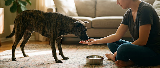 Adopter sitting sideways on the floor hand feeding kibble to a cautious brindle rescue dog in a quiet room