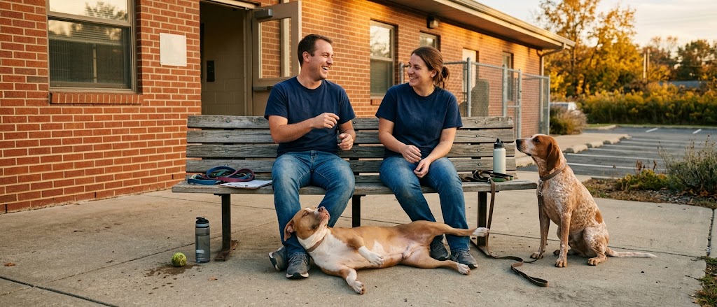 2 shelter volunteers laughing on a bench after a shift with a pit bull mix and a hound mix, easing volunteer burnout