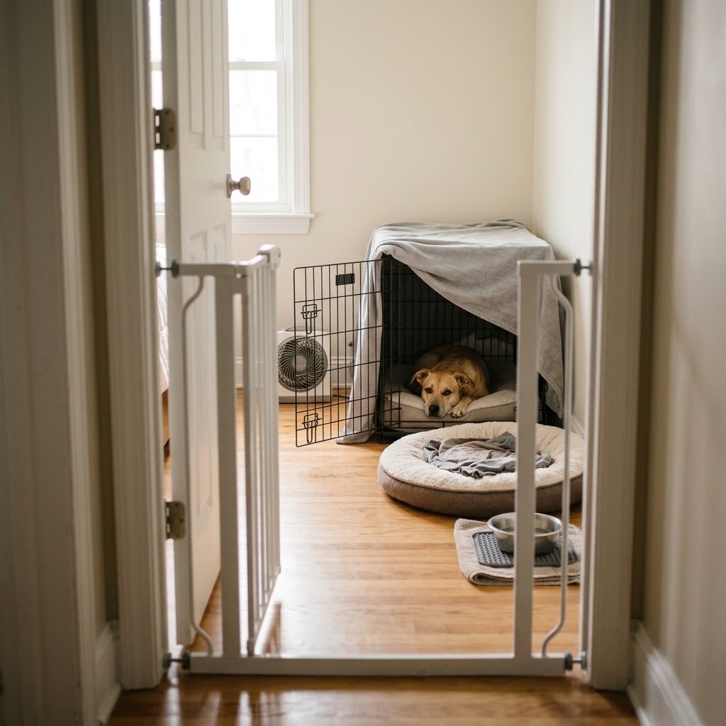 Gated spare room set up for a new rescue dog with a blanket-covered crate, dog bed, water bowl, lick mat and fan