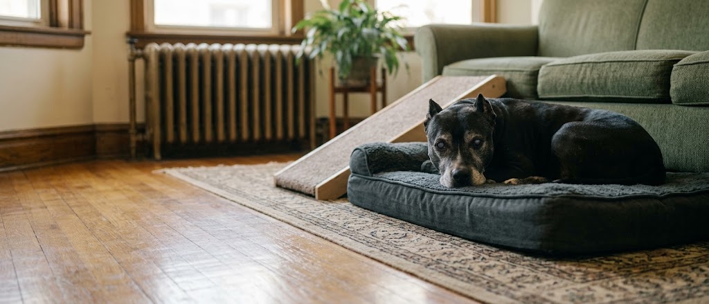 Senior black pit bull mix with a gray muzzle resting on a thick bed on a rug runner in a Chicago apartment