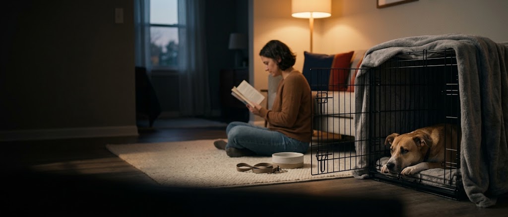 Adopter reading on the floor at dusk near a shelter dog in an open crate, first night with a rescue dog at Let Them Be Dog