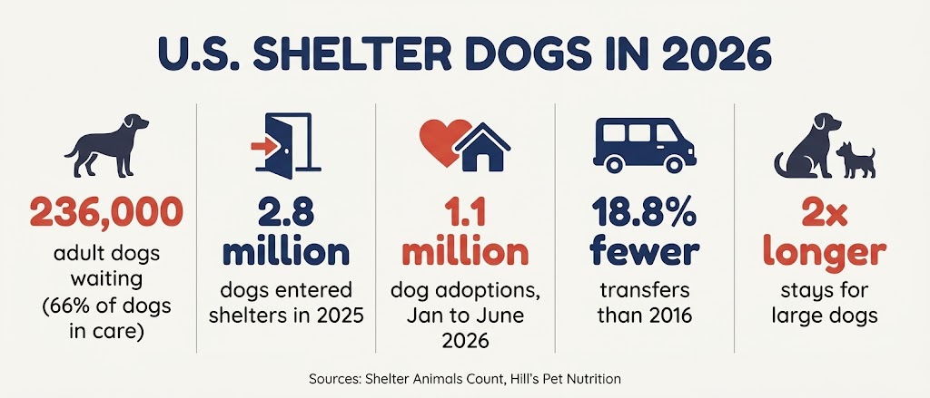 Infographic of 2026 U.S. shelter dog statistics showing 236,000 adult dogs waiting and slower transfers