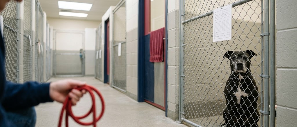 Gray-muzzled black pit bull mix waiting behind a kennel gate, shelter dog statistics on adult dogs at Let Them Be Dog