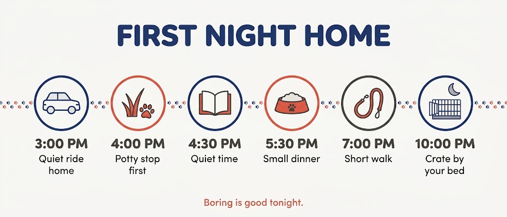 Infographic timeline of a shelter dog's first night home from a 3 PM pickup to a 10 PM crate bedtime, by Let Them Be Dog