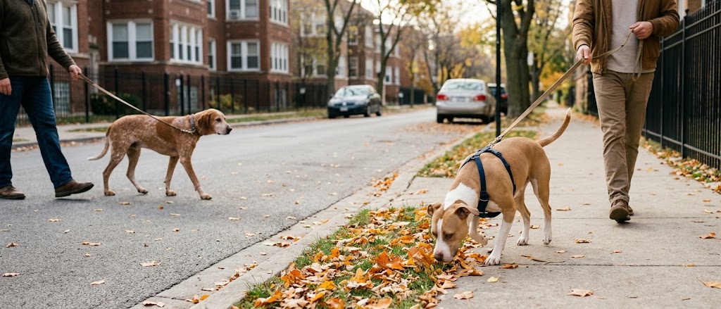 New rescue pit bull mix and a resident hound mix on a parallel walk along a quiet Chicago street in fall