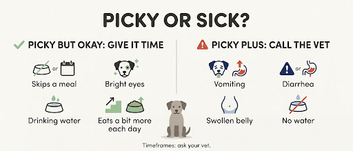 Infographic splitting normal stress-related appetite loss in a rescue dog from warning signs that need a vet visit