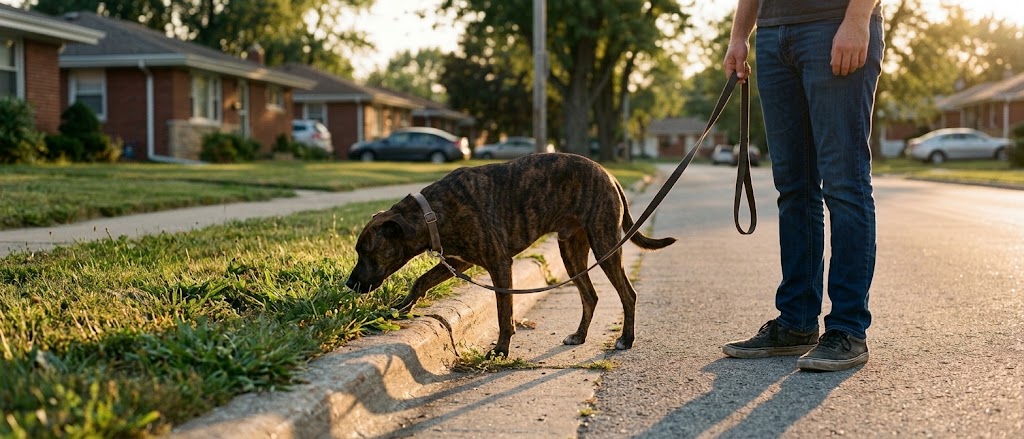 Newly adopted shelter dog in a martingale collar sniffing grass on a short evening walk down a quiet street, Let Them Be Dog