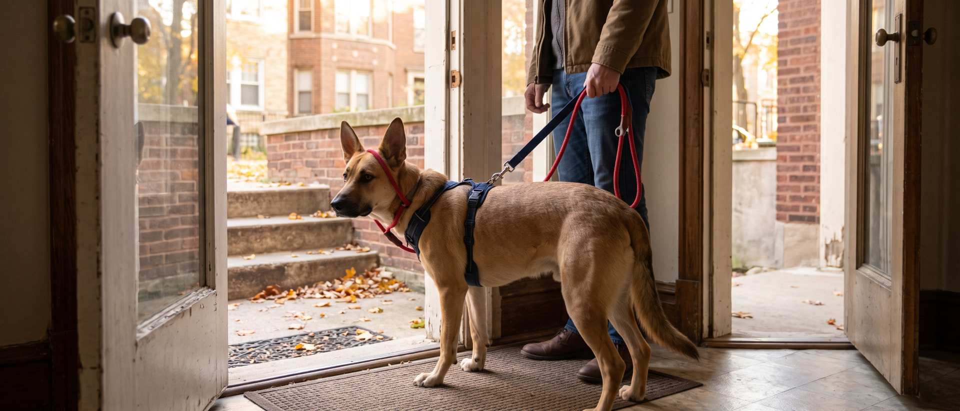 Shy tan rescue dog at a front door wearing a harness and a loose slip lead as a backup, held by an adopter