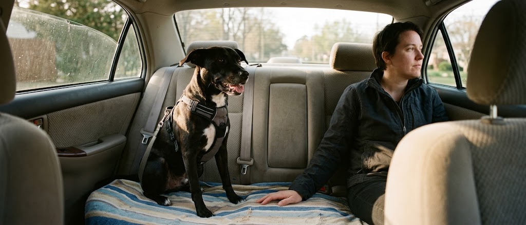 Nervous rescue dog in a crash-tested harness on a car back seat beside a calm passenger on the drive home from the shelter