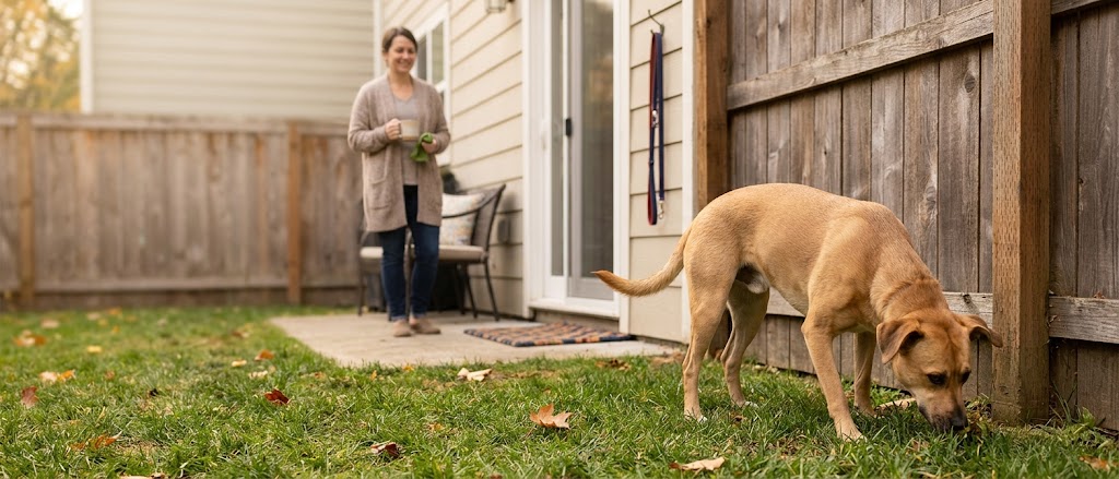 Tan rescue dog sniffing its backyard potty spot as an adopter waits, rescue dog diarrhea after adoption at Let Them Be Dog