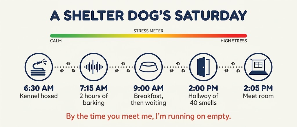Infographic of a shelter dog's day showing hose cleaning, 2 hours of barking and a meet room raising kennel stress