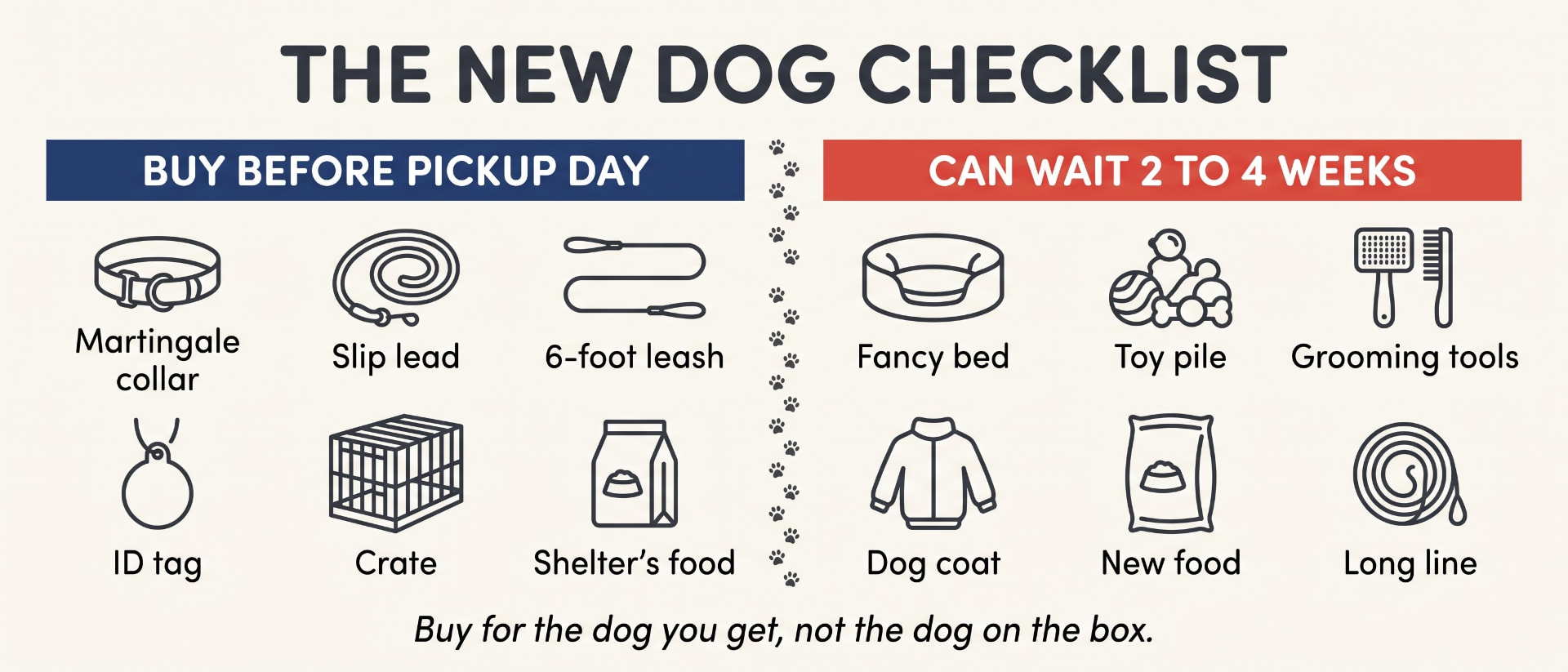Infographic splitting a rescue dog shopping list into pickup day must-haves and items that can wait 2 to 4 weeks