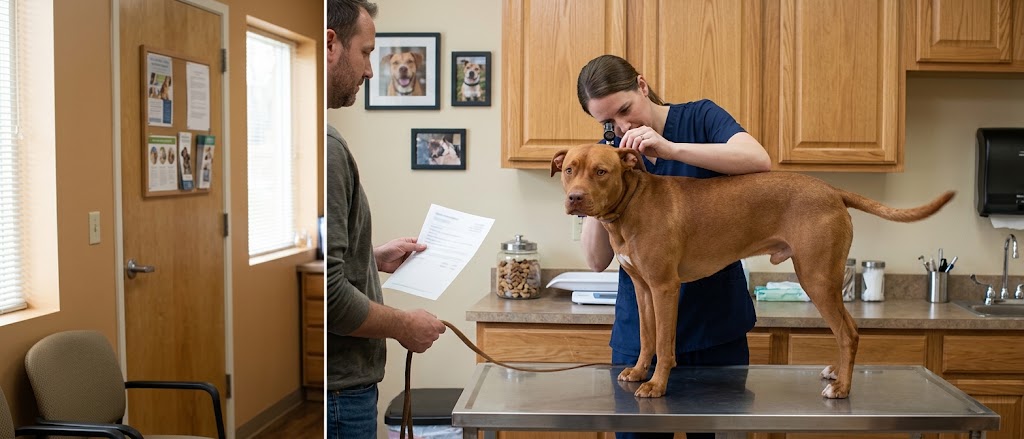 Veterinarian examining a calm red-nose pit bull mix on an exam table at an independent vet clinic