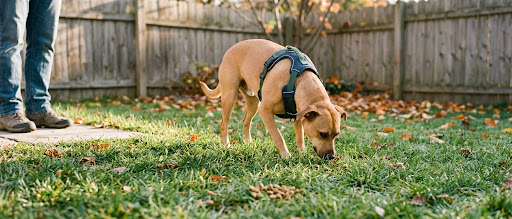 Tan rescue dog sniffing out scattered kibble in backyard grass, a low-stress way to coax a new dog to eat