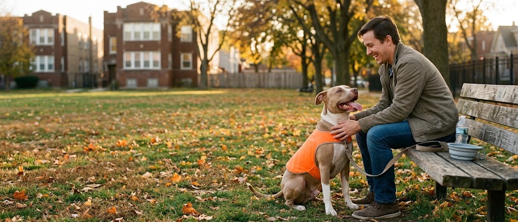 Foster volunteer and a pit bull mix in a plain orange vest resting on a park bench during a shelter dog day trip