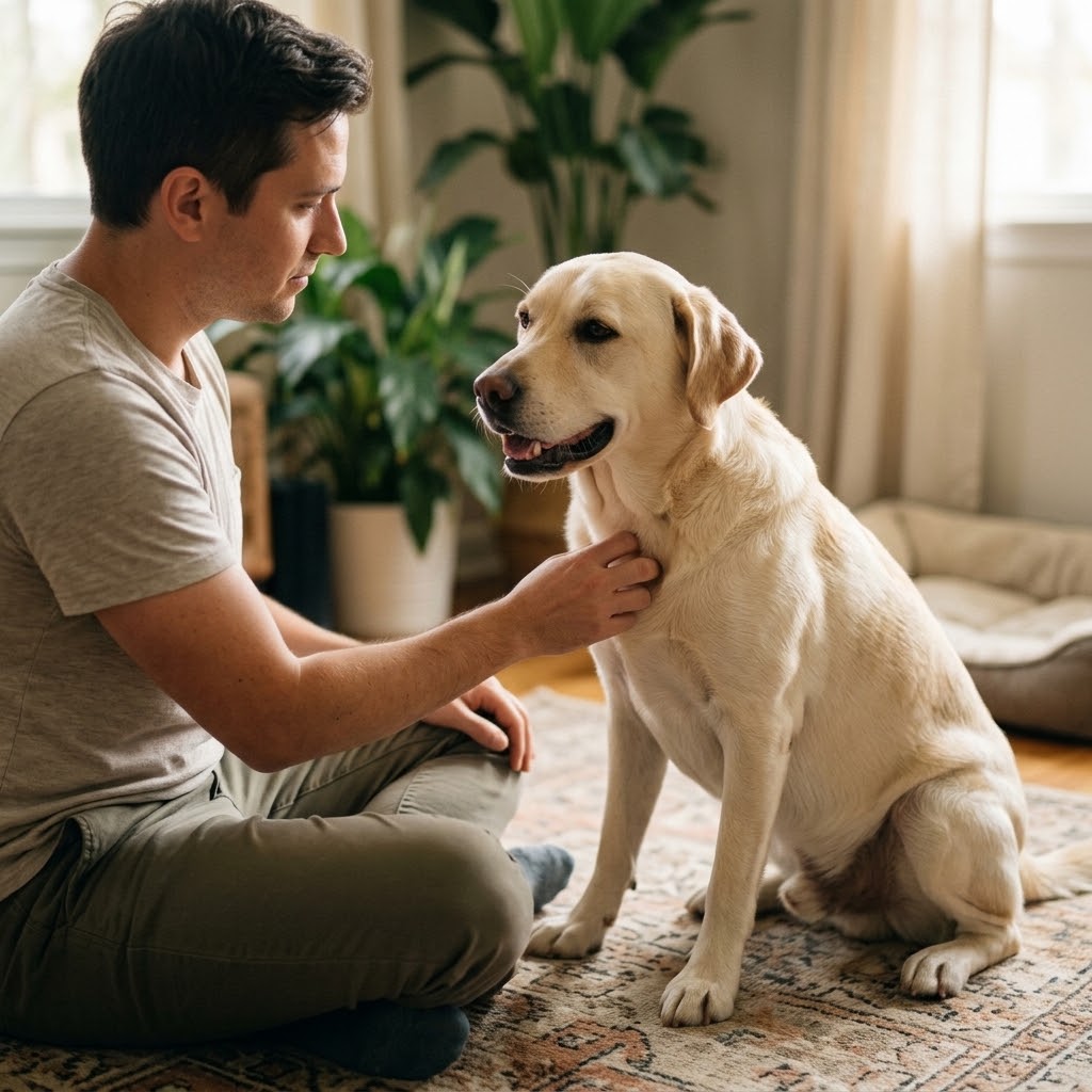 Adopter giving a brief chest scratch to a relaxed cream rescue dog who leans in, a gentle dog decompression handling check