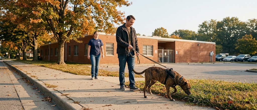 Adopter walking a relaxed shelter dog on a quiet sidewalk away from the kennel row during a meet and greet