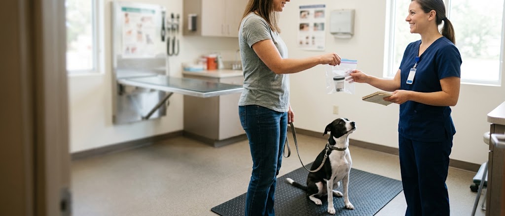 Adopter handing a sealed stool sample and notebook to a vet tech as a newly adopted dog waits in the exam room